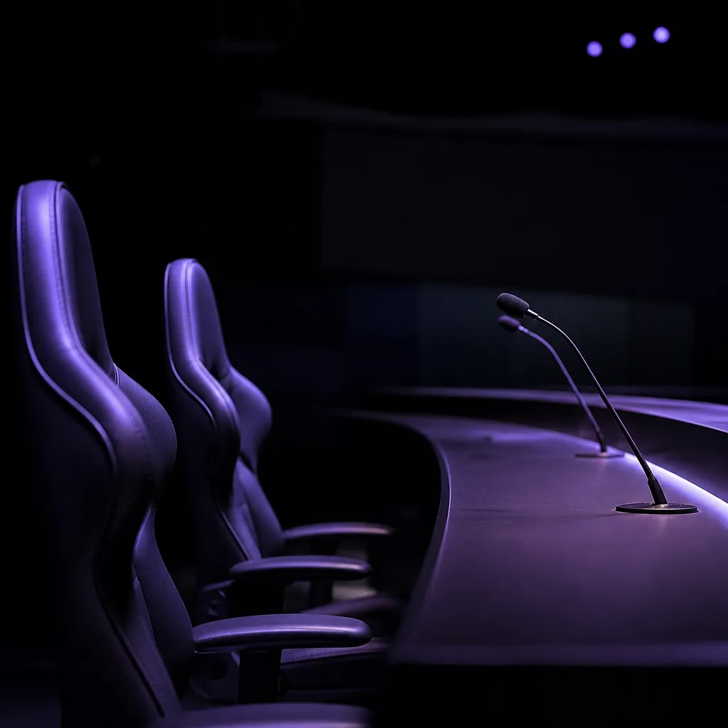 Mesa de casters de esports con micrófonos bajo luz violeta