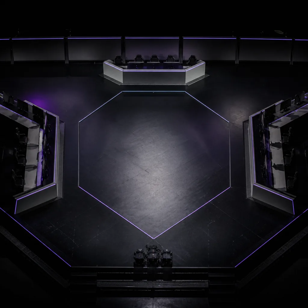 Escenario de competición visto desde arriba con líneas violetas