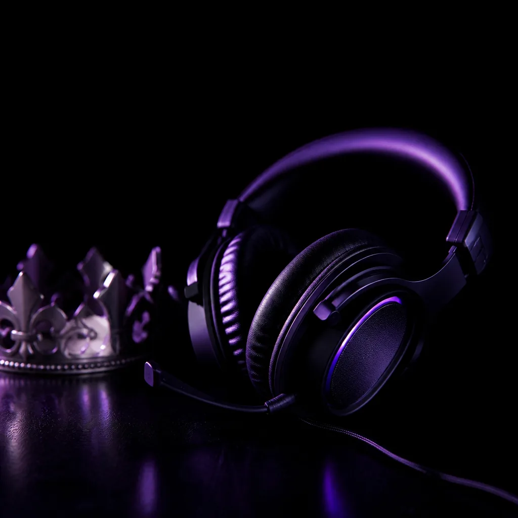 Auriculares gamer sobre superficie oscura con luz violeta en forma de corona