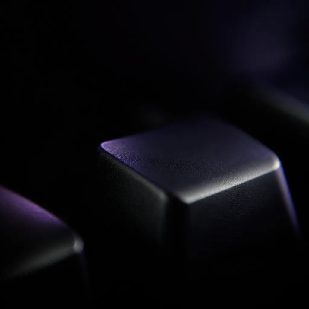 Tecla de teclado mecánico con brillo violeta y plateado en primer plano