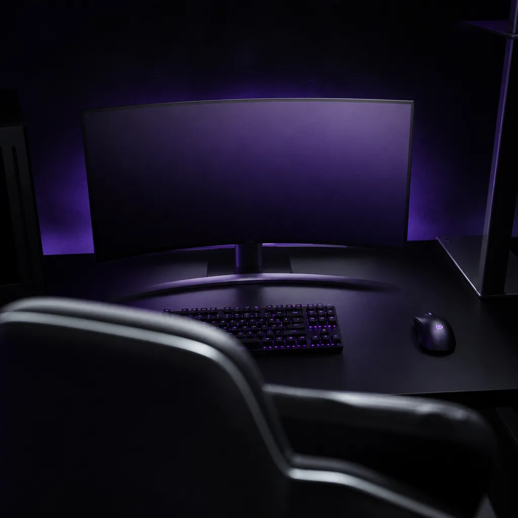 Estación de juego vacía en penumbra con luz violeta, vista sobre el hombro