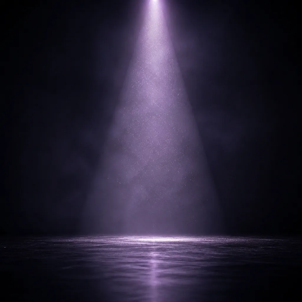 Haz de luz violeta cayendo sobre un escenario oscuro